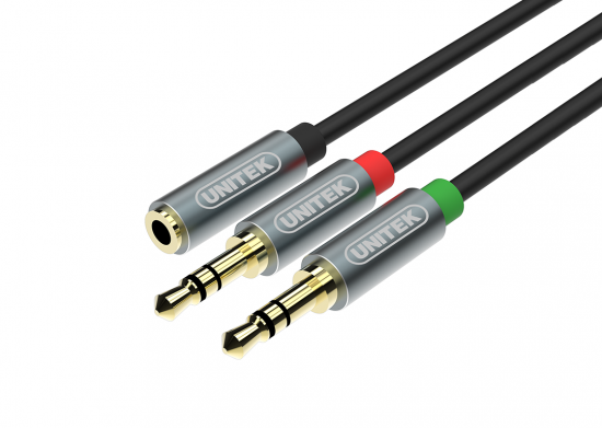 Cáp Loa 1-2 UNITEK 0.2M YC957 (1 JACK 3.5MM RA 2 DAU 3.5MM LOA+MIC)