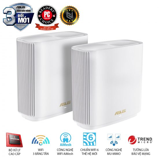 Bộ Mesh Wifi ASUS XT8 WiFi 6 2 PACK (Chuẩn AX6600, 3 băng tần, AiProtection, Parental Control)