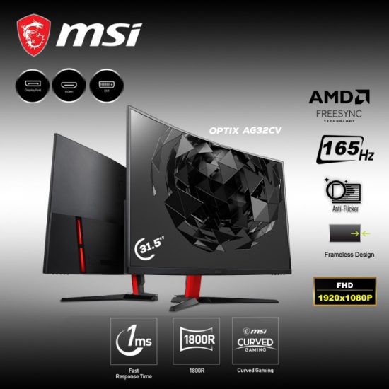 Màn hình cong Gaming 31.5" MSI Optix AG32CV, Full HD, 165Hz, 1Ms