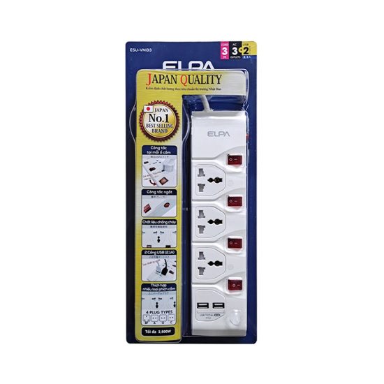 Ổ Cắm Điện ELPA ESU-VNI33 3AC 3 chấu, 3M, 3 Công tắc, 2xUSB2.1A,2500W,WH