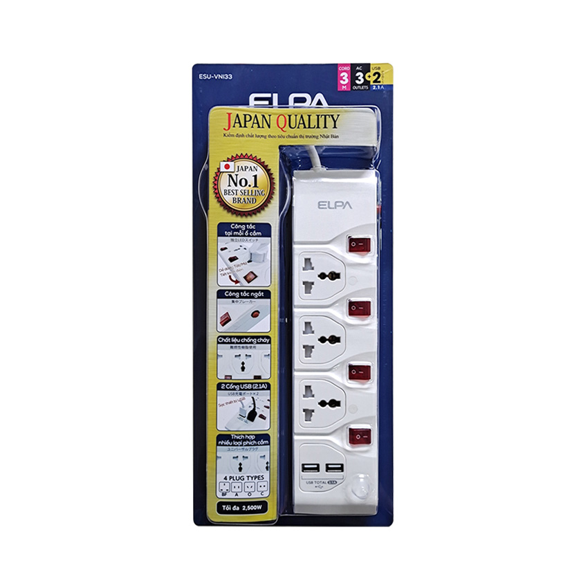 24258-56221_o_cam_dien_elpa_esu_vni33_3_o_dien_4_cong_tac_3m_2xusb_1 Ổ Cắm Điện ELPA ESU-VNI33 3AC 3 chấu, 3M, 3 Công tắc, 2xUSB2.1A,2500W,WH