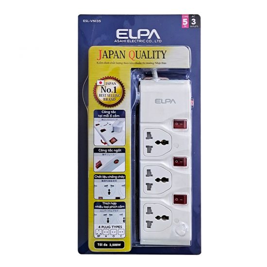 Ổ Cắm Điện ELPA ESL-VNI35, 3AC 3 chấu, 5M, 3 công tắc, 2500W