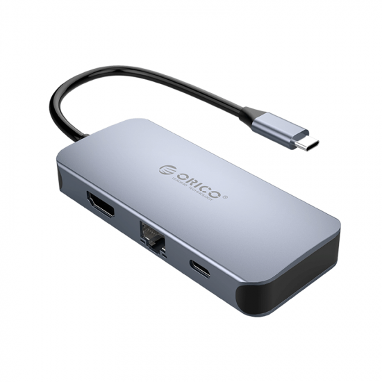 Bộ chuyển đổi USB-C 6 in 1 ORICO MC-U602P-GY (1xHDMI + 3xUSB3.0+ 1xRJ45 + 1xPD3.0, Vỏ nhôm màu xám