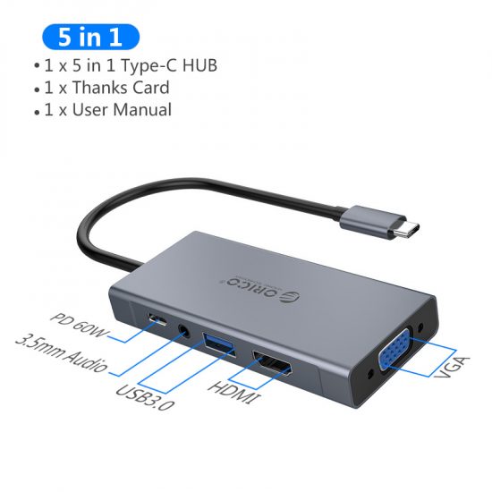 Thiết bị HUB chuyển đổi 5 trong 1 ORICO U501P-GY (từ USB-C sang HDMI + USB3.0 + VGA + AUDIO+PD 60W), vỏ nhôm màu xám, hàng chính hãng