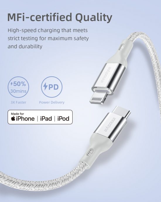 Cáp USB-C to LIGHTNING INNOSTYLE POWERFLEX MFI ICL150AL MÀU BẠC (PD60W)