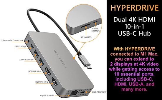 Đầu chuyển HYPERDRIVE HDM1H, USB-C 10-IN-1, Dual 4K HDMI (2 màn hình), hàng chính hãng bảo hành 24 tháng