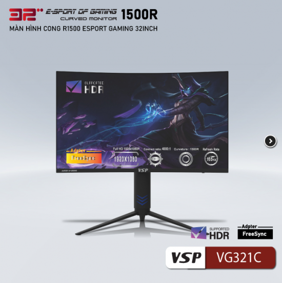 Màn Hình Cong VSP FHD 32inch ESport Gaming VG321C (Tấm Nền VA, Full HD, 165 Hz, Độ cong 1500R)