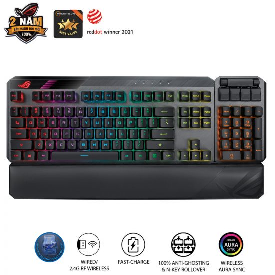 Bàn phím cơ không dây Asus ROG Claymore II (RX Blue Switch, Nhựa ABS, Numpad tháo rời, USB-C, 2.4GHz)