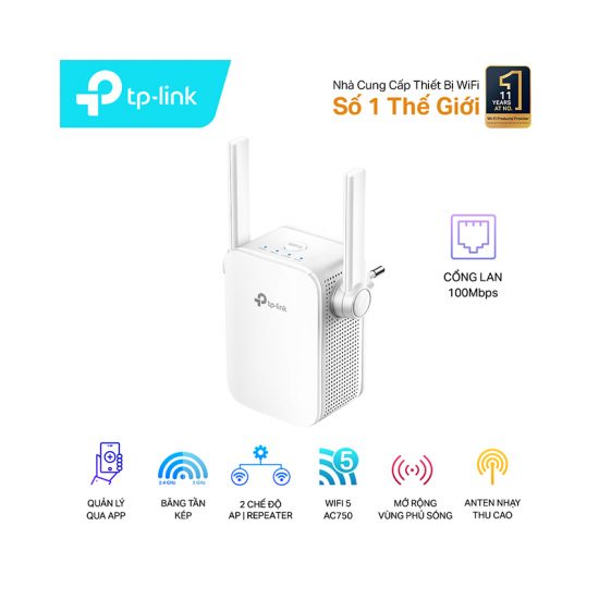 Bộ mở rộng sóng WiFi Mesh TP-Link RE205 (Băng tần kép, 2 Ăng-ten, Chuẩn AC750)