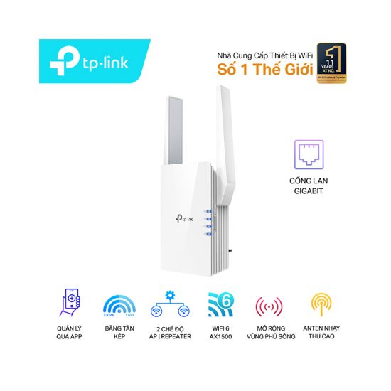 Bộ mở rộng sóng WiFi TP-Link RE505X (WiFi 6, Băng tần kép, 2 Ăng-ten, Chuẩn AX1500, WiFi Mesh)