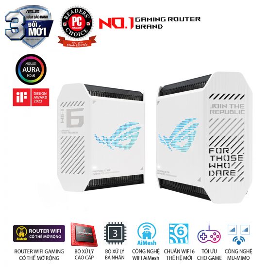 Router WiFi Mesh Asus ROG Rapture GT6 Moon Light White (Bộ 2 Mesh, Chuẩn AX11000, WiFi 6, 3 băng tần, 9 Angten ngầm, AiMesh, Parental control, AiProtection, Aura RGB)