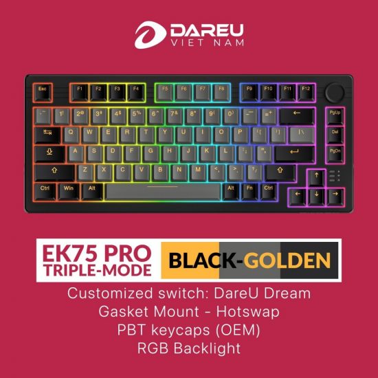 Bàn phím cơ DareU EK75 Pro Triple Mode Black Golden - DareU Dream Switch (3 mode, 75%, Núm xoay, Keycap PBT, Hotswap 5 pin, Led viền)