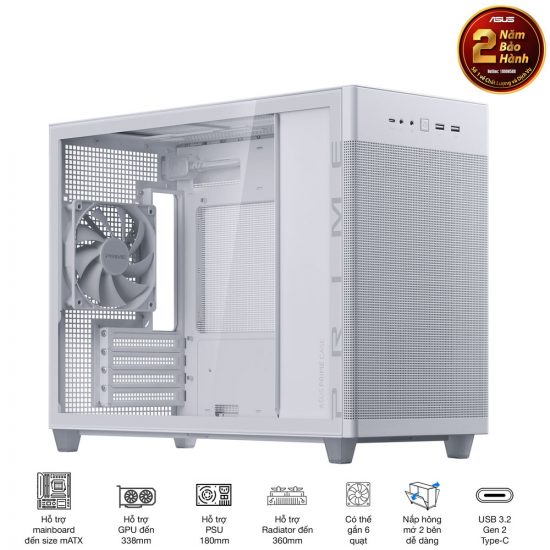 Vỏ Case Asus Prime AP201 TG White (m-ATX, USB-C, 1 mặt kính cường lực, Sẵn 1 fan NO LED)