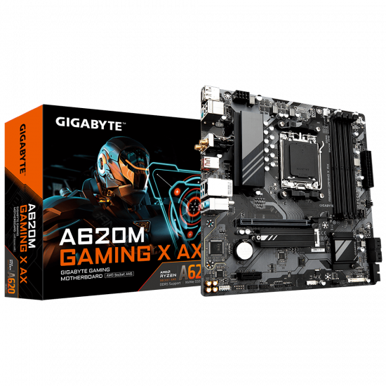 Mainboard GIGABYTE A620M GAMING X AX (AM5, 4x DDR5, HDMI, Displayport, M.2 PCIe 4.0, WiFi 6E, m-ATX)