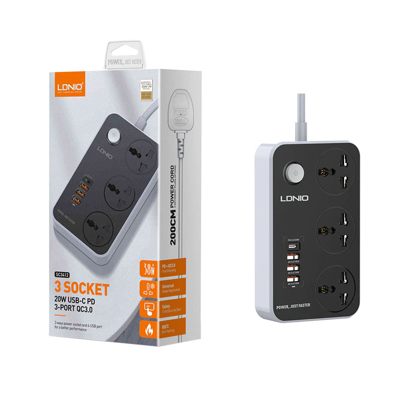 Ổ cắm điện LDNIO SC3412 (3x3 chấu+3xUSB-A+1xUSB-C/2500W/dài 2 mét)