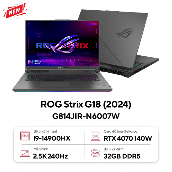 LAPTOP GAMING ASUS ROG STRIX SCAR G814JIR-N6007W (CORE I9 14900HX, 32GB RAM, 1TB SSD, MÀN HÌNH 18inch WQXGA 240HZ, RTX 4070 8GB, WINDOWS 11, XÁM, BALO ROG)