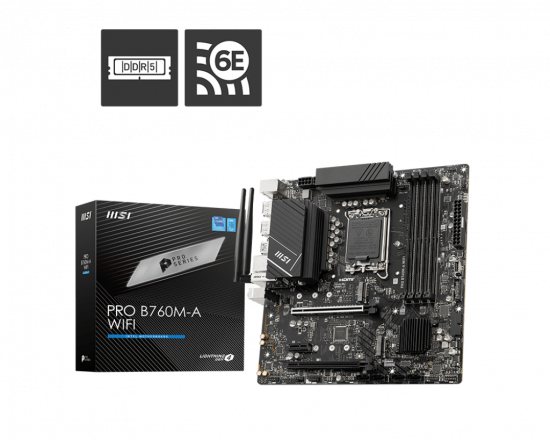 Mainboard MSI PRO B760M-A WIFI (LGA 1700, 4x DDR5, HDMI, Displayport, M.2 PCIe 4.0, WiFi 6E, m-ATX)