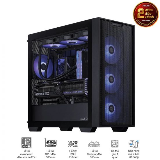 Vỏ Case Asus A21 Black (Mid Tower, m-ATX, 1 mặt kính cường lực, Chưa bao gồm Fan, Max 7 Fan)