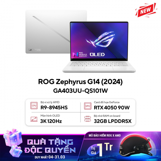 LAPTOP GAMING ASUS ROG ZEPHYRUS G14 GA403UU-QS101W (AMD Ryzen 9 8945HS, RAM 32GB, SSD 512GB, RTX4050 6GB, Màn Hình 14inch 3K OLED 120Hz, Windows 11)