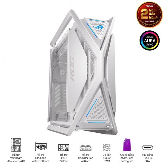 Vỏ Case Asus ROG Strix Hyperion GR701 White (Mid Tower, E-ATX, 2 mặt cường lực có bản lề, USB-C 60W, Sẵn 3 Fan, Max 7 Fan)