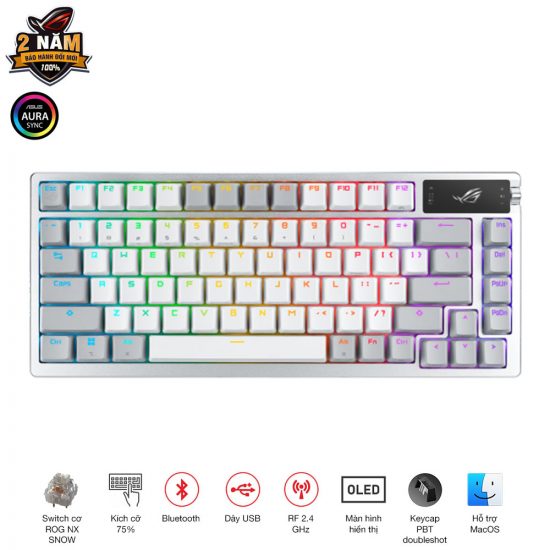 Bàn phím cơ không dây Asus ROG Azoth White NX Snow Switch (75 phím, USB-C, Bluetooth, RF 2.4GHz, Hotswap, Màn OLED)