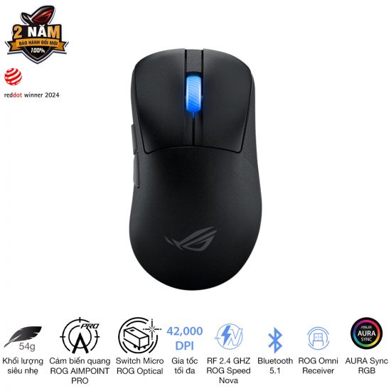 Chuột gaming không dây Asus ROG Keris II Ace Black (54g siêu nhẹ, 3 mode, 42.000 DPI, 8000 Hz Polling Rate)