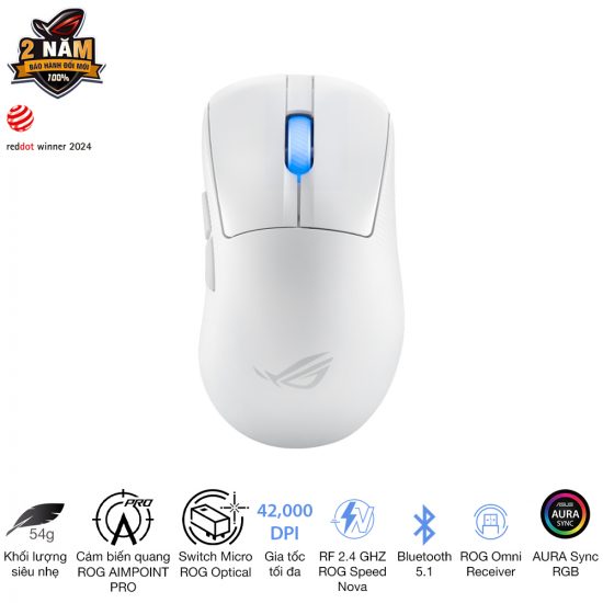 Chuột gaming không dây Asus ROG Keris II Ace Moonlight White (54g siêu nhẹ, 3 mode, 42.000 DPI, 8000 Hz Polling Rate)