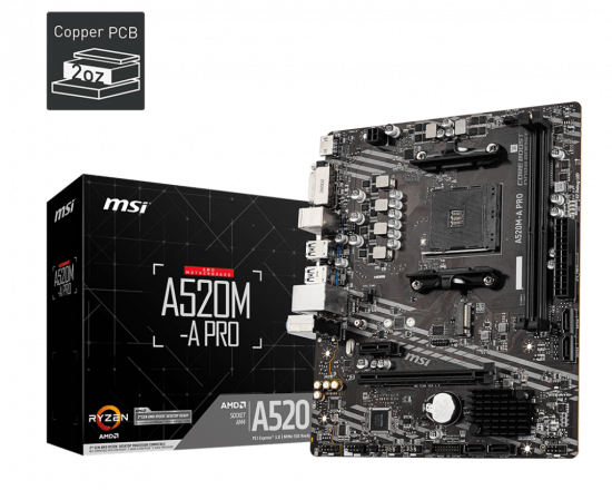 Mainboard MSI A520M-A PRO (AM4, 2 x DDR4, HDMI, DVI, M.2 PCIe 3.0, m-ATX)