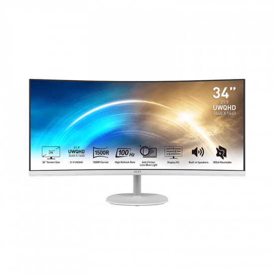 Màn Hình Cong MSI 34inch PRO MP341CQW (UWQHD, VA, 100Hz, 1ms, HDMI, Tích Hợp Loa, Màu Trắng)