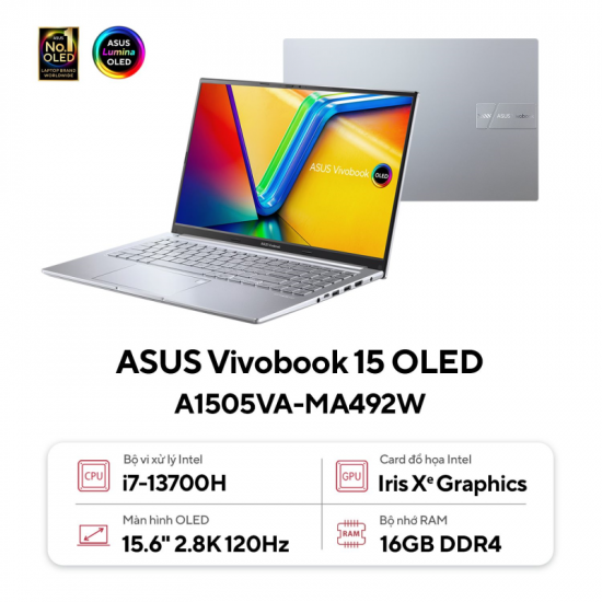 Laptop ASUS VivoBook 15 OLED A1505VA-MA492W (Intel Core i7-13700H, RAM 16GB, SSD 512GB, Intel Iris Xe Graphics, Màn Hình 15.6inch 2.8K OLED, Windows 11)