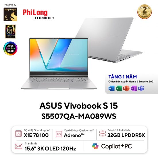 Laptop ASUS Vivobook S 15 OLED S5507QA-MA089WS (Snapdragon X Elite X1E-78-100, Adreno, RAM 32GB DDR5X, SSD 1TB, Màn Hình 15.6inch OLED 3K 120Hz 100% DCI-P3, Windows 11, )