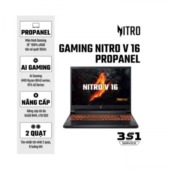 Laptop Gaming Acer Nitro V 16 ProPanel ANV16-41-R6NA (AMD Ryzen 7 8845HS, RAM 16GB DDR5, SSD 512GB,  NVIDIA RTX 4060, Màn Hình 16 inch WUXGA, Windows 11)