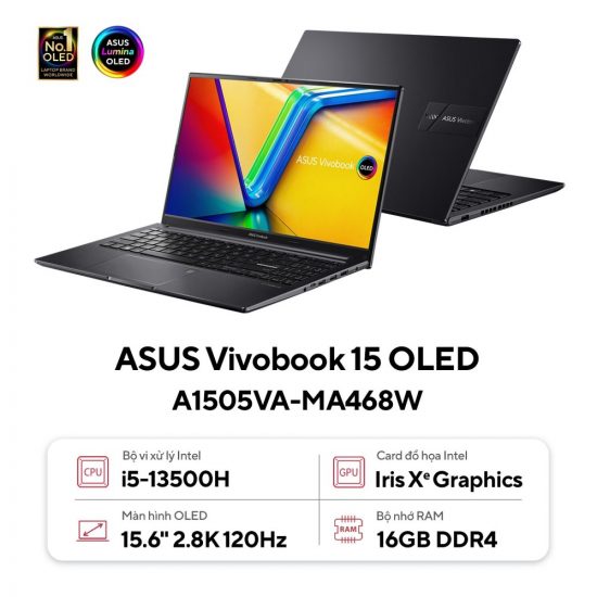 Laptop ASUS VivoBook 15 OLED A1505VA-MA468W (Intel Core i5-13500H, Ram 16GB, SSD 512GB, Intel Iris Xe Graphics, Màn Hình 15.6inch 2.8K OLED, Windows 11)