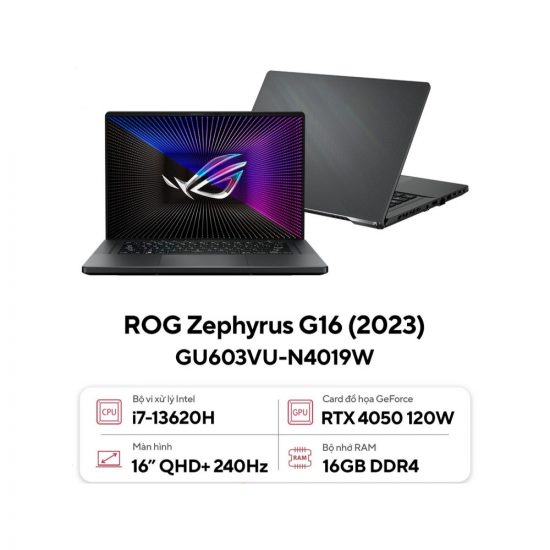 Laptop Gaming ASUS ROG Zephyrus G16 GU603VU-N4019W (Intel Core i7-13620H, Ram 16GB, SSD 512GB, VGA GeForce RTX 4050 6GB, Màn Hình 16inch WQXGA 240Hz, Windows 11)