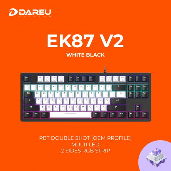 Bàn phím cơ DareU EK87 V2 PBT White-Black Dream Switch (PBT Keycap, Multi-LED, LED gầm 2 bên)