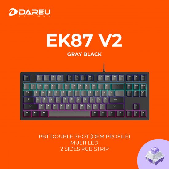 Bàn phím cơ DareU EK87 V2 PBT Gray-Black Dream Switch (PBT Keycap, Multi-LED, LED gầm 2 bên)