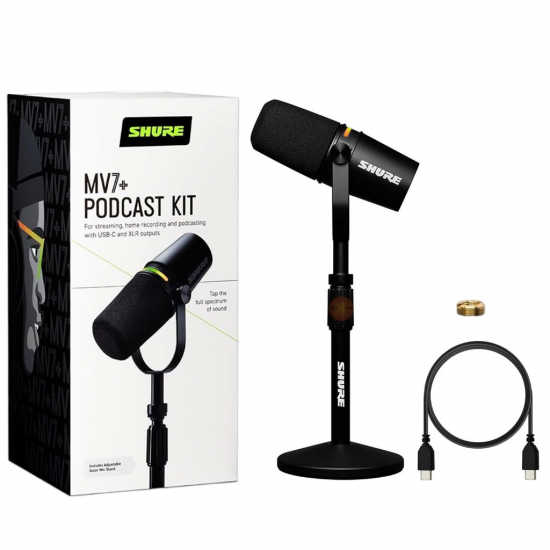 Bộ Micro Thu Âm Shure MV7+ Podcast Kit (BNDL), Đi kèm chân để bàn, Led đẹp, DSP, USB-C, XLR, AUX