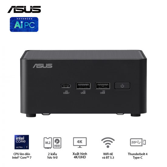 Máy Tính AI PC  ASUS NUC 14 Pro Kit (Intel Core Ultra 7 Processor 155H, RAM DDR5, SSD NVMe M.2, Intel Arc Graphics)