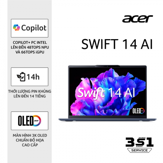 Laptop Acer Swift 14 AI COPILOT PLUS SF14-51-75VP (Ultra 7 258V, RAM 32GB, SSD 1TB, Màn Hình 14inch 3K OLED, Windows 11, Màu Xanh, Vỏ nhôm)