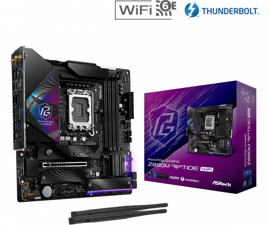 Mainboard ASRock Phantom Gaming Z890M Riptide WiFi (LGA 1851, 4x DDR5, Thunderbolt 4, Displayport, HDMI, M.2 PCIe 5.0, WiFi 6E, m-ATX)