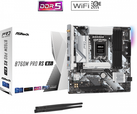 Mainboard ASRock B760M Pro RS WiFi (LGA 1700, 4x DDR5, HDMI, Displayport, M.2 PCIe 4.0, WiFi 6E, m-ATX)