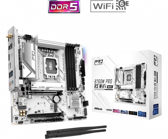 Mainboard ASRock B760M Pro RS WiFi White (LGA 1700, 4x DDR5, HDMI, Displayport, M.2 PCIe 4.0, WiFi 6E, m-ATX)