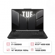 Laptop Gaming ASUS TUF F16 FX607JU-N3139W (Intel Core i7-13650HX, Ram 16GB, SSD 512GB, RTX 4050 6GB, Màn Hình 16inch WUXGA 165Hz, Windows 11)