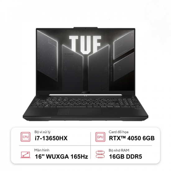 Laptop Gaming ASUS TUF F16 FX607JU-N3139W (Intel Core i7-13650HX, Ram 16GB, SSD 512GB, RTX 4050 6GB, Màn Hình 16inch WUXGA 165Hz, Windows 11)