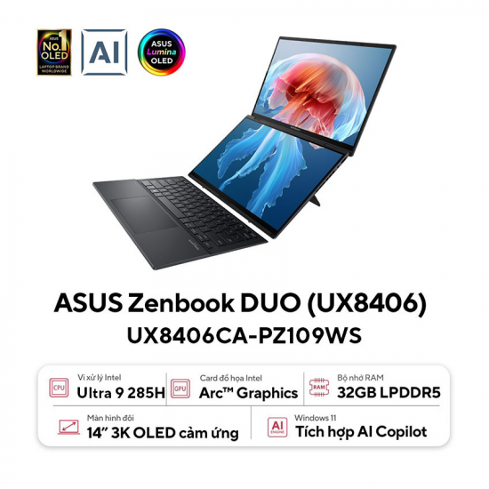 Laptop Asus ZenBook Duo UX8406CA-PZ109WS (Core Ultra 9 285H, 32GB RAM, 1TB SSD, Màn Hình 14inch 3K Oled Cảm ứng, Windows 11, Bút, Túi)