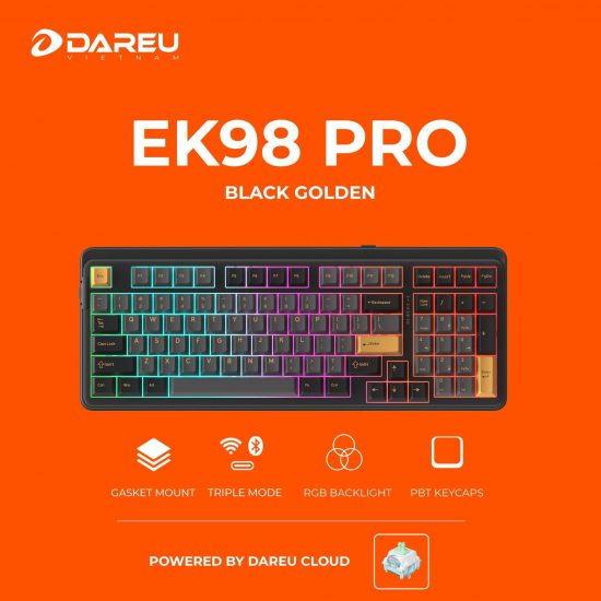 Bàn phím cơ không dây DareU EK98 PRO Black Golden - DareU Cloud Switch (98 phím, 3 mode, PBT Keycap, Hotswap LED RGB)