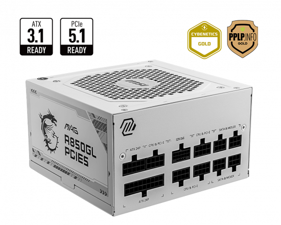Bộ nguồn máy tính MSI MAG A850GL PCIE5 WHITE 850W 80 Plus Gold, ATX 3.1 (PCIe 5.1), Full Modular
