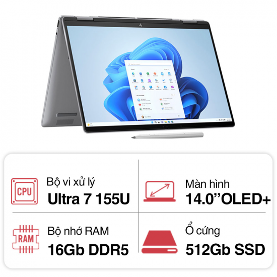 Laptop HP ENVY X360 14-fc0090TU A19C0PA (Intel Core Ultra 7 155U, RAM 16GB, SSD 512GB, Màn Hình 14 inch 3K OLED, Cảm ứng, Windows 11)