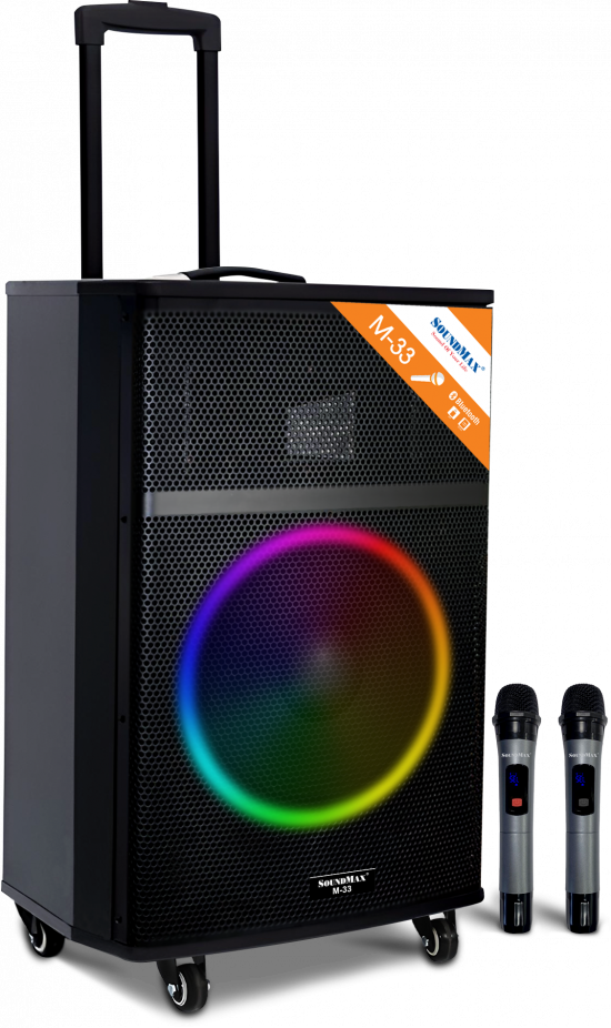 Loa Bluetooth Karaoke Soundmax M33 (100W, Bluetooth, AUX, TF, USB, RGB, 2 MICRO Không Dây)