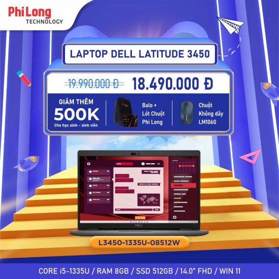 Laptop Dell Latitude 3450 (L3450-1335U-08512W) (Intel Core I5-1335U, RAM 8GB, SSD 512GB, Màn Hình 14 inch FHD 60Hz, Windows 11)